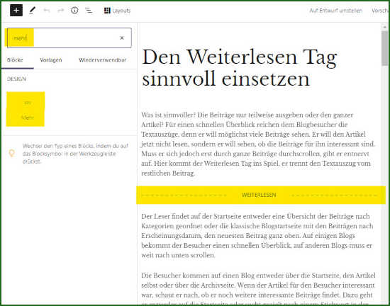 Weiterlesen Tag im Gutenberg Editor